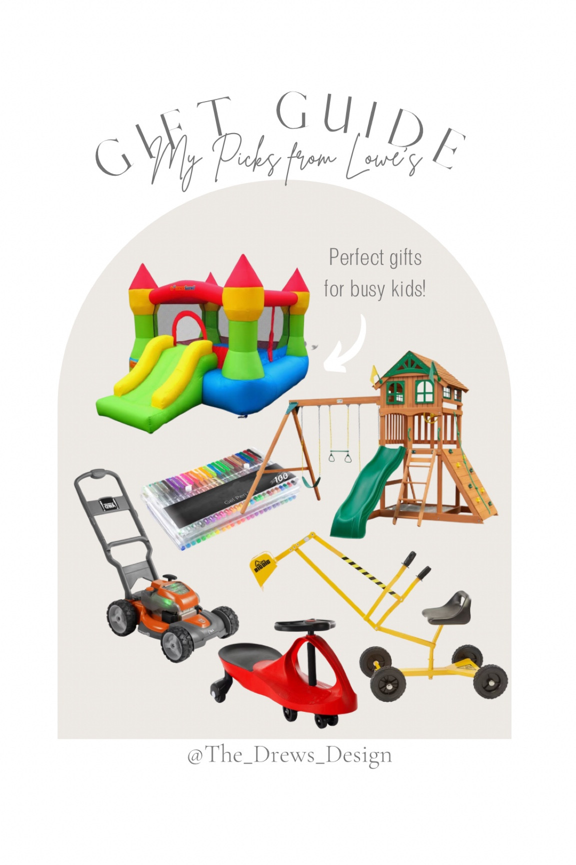 #ad Rounding up my family’s top toys from @loweshomeimprovement - perfect for busy kids! -Sand Digger Excavator - Rotates 360” and on wheels! Perfect for the sandbox or digging 
mulch & snow in the backyard. 
-Bounce House - This one has a built-in basketball hoop and is small enough to fit in most 
basements. My kids love the slide!
-Toy Lawn Mower – Looks and sounds just like Dad’s lawn mower!
-Zig Zag Car – Wiggle the steering wheel to make this car move on flat areas or ride it 
down a hill!
-Gel Pen Set – 100 pens, perfect for any budding artist!
-Gorilla Playset – We’ve had ours for 5 years and have moved it 3 times! A family favorite 
that our big kids still love. Our exact model isn’t made but I am linking two similar ones!
#lowespartner @shop.ltk #liketkit @loweshomeimprovement #lowespartner @shop.ltk #liketkit

#LTKCyberWeek #LTKGiftGuide #LTKkids