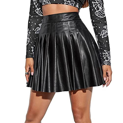AFAVOM Womens Sexy Faux Leather Pleated Skirt Elegant High Waist Skirt Retro Casual Cocktail Mini Skirt Vintage A-Line PU Skirt Club Festival Short Skirt Night Out Party Midi Skirt Black XL | Amazon (US)