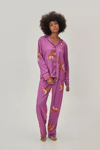 Recycled Satin Tiger Pajama Shirt & Pants Set | Nasty Gal (US)