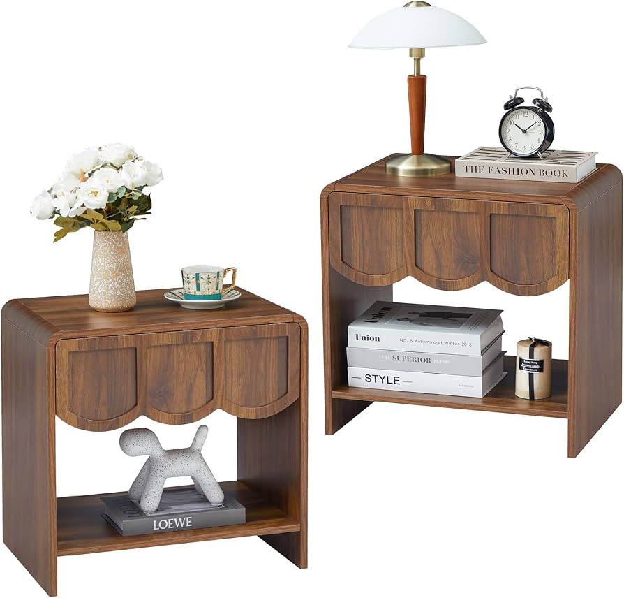 Night Stand Set of 2, Mid Century Modern Farmhouse Wood Nightstand with Wave Panel Drawer, Bed Si... | Amazon (US)