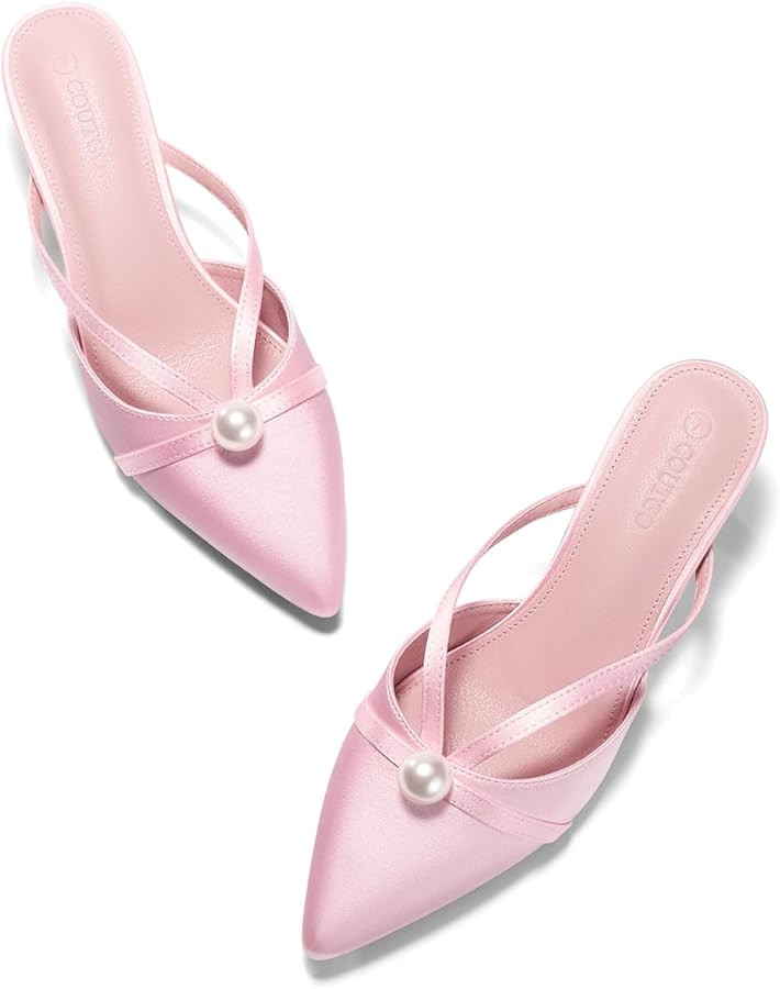 Coutgo Womens Pearl Kitten Heels Mules Closed Pointed Toe Sandals Satin Wedding Party Dress Shoes | Amazon (US)