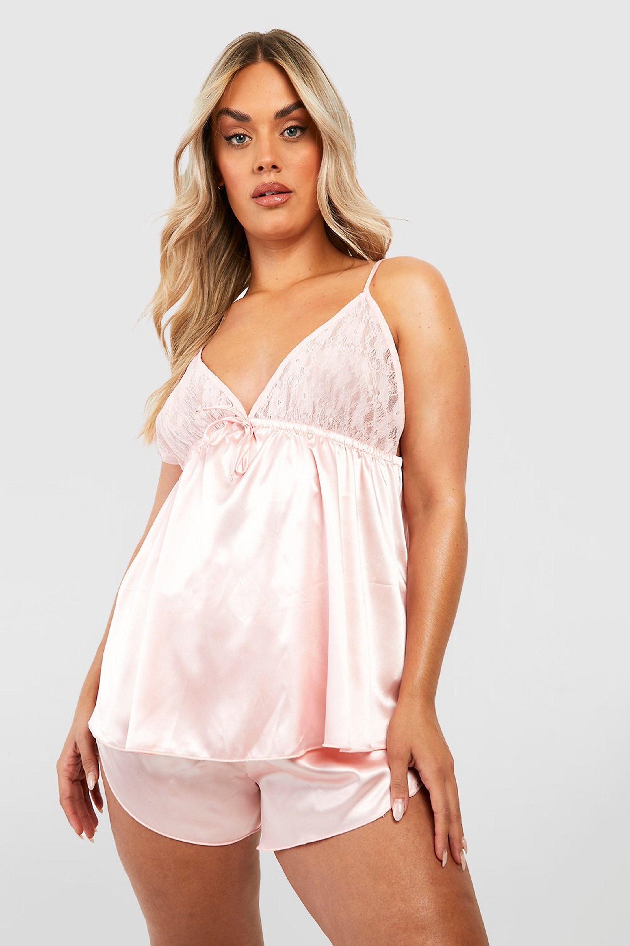 Plus Satin and Lace Trim PJ Short Set | Boohoo.com (US & CA)