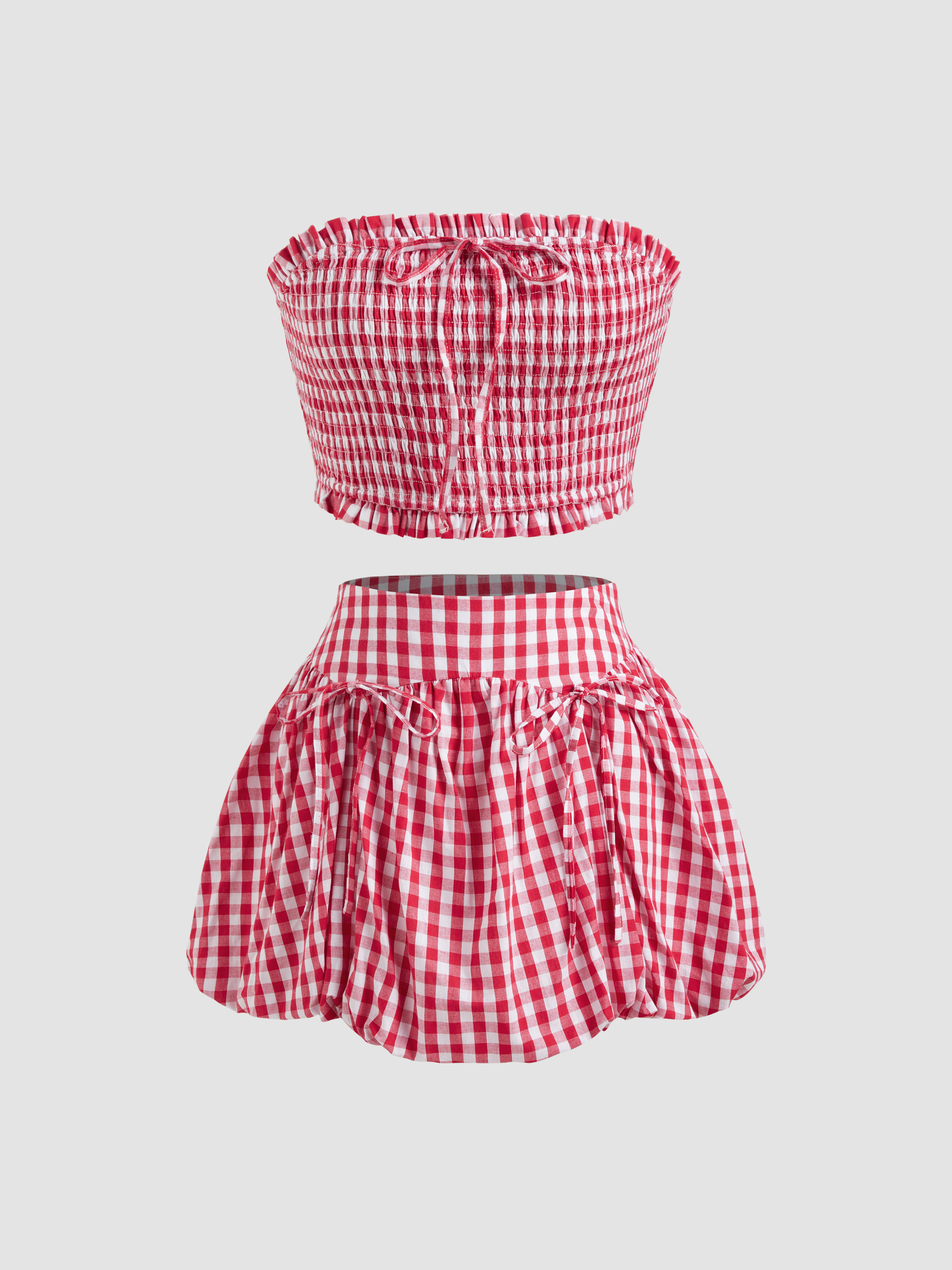 Woven 100% Cotton Gingham Shirred Knotted Crop Tube Top & Gingham Bubble Hem Knotted Mini Skirt S... | Cider