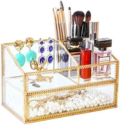 Levilan Golden Glass Box Vanity Tray Glass Case Makeup Display Organizer on Dresser, Multifunctio... | Amazon (US)