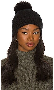 Hat Attack Cashmere Slouchy Cuff Beanie with Faux Fur Pom in Black from Revolve.com | Revolve Clothing (Global)