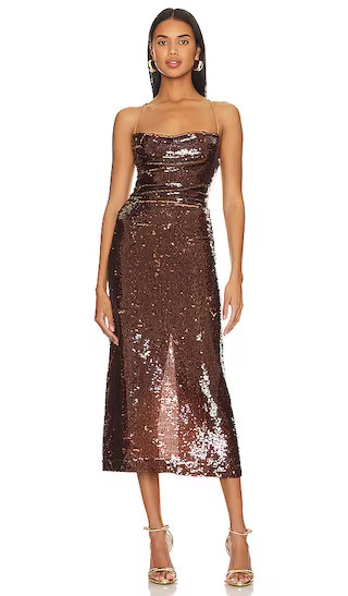 Lera Dress in Cinnamon | Sequin Dress | Sequin Midi Dress | Sequin Outfit Inspo | Sequin Outfits | Revolve Clothing (Global)