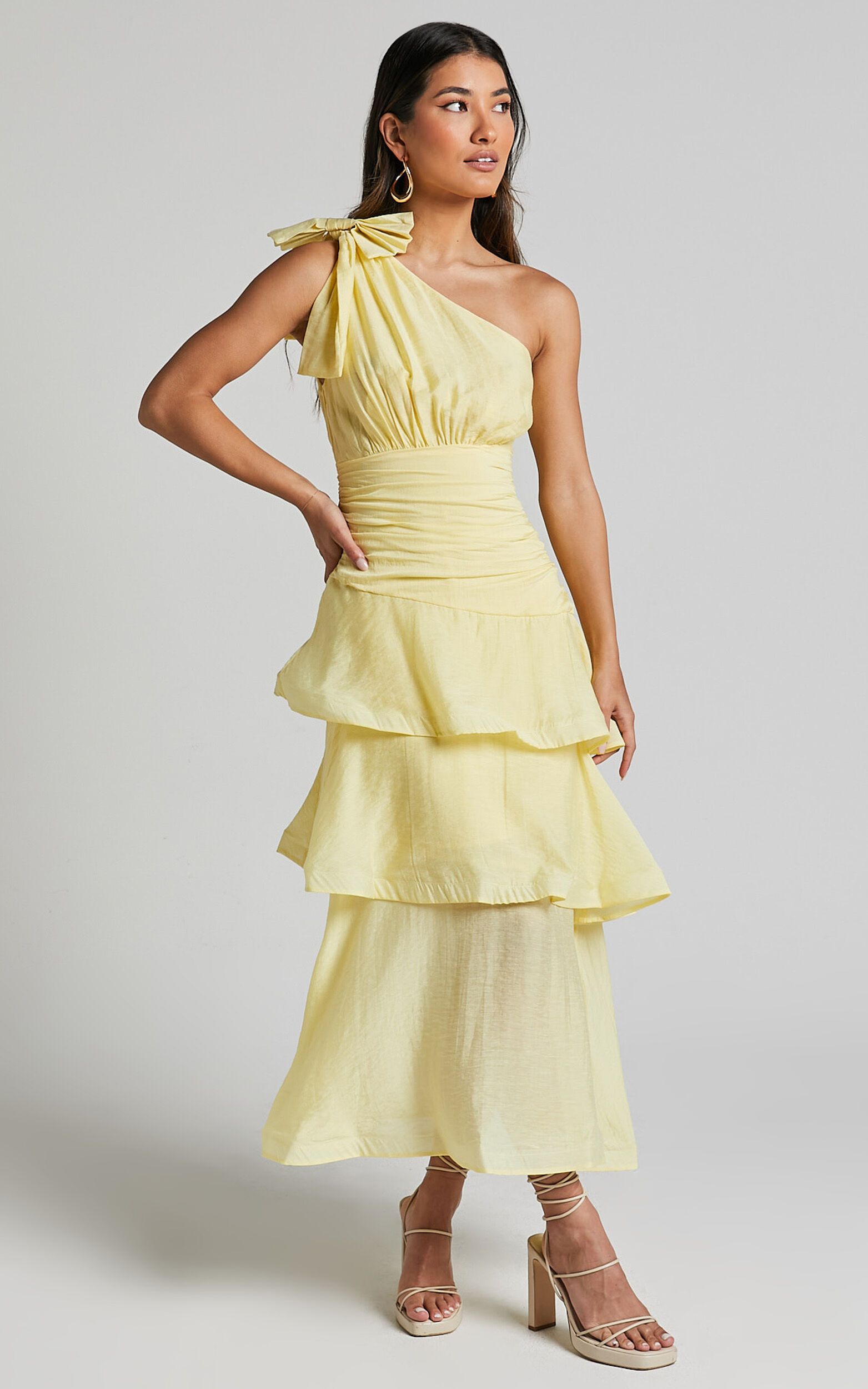 Eugenia Midi Dress - One Shoulder Fit and Flare Layered Dress in Yellow | Showpo (US, UK & Europe)