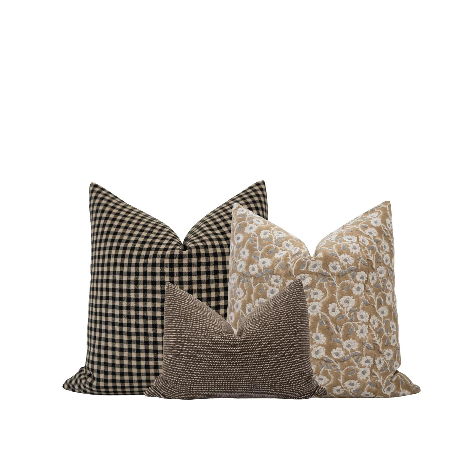 Moody Pillow Cover Combo Brown Pillow Cover Combo Gingham Pillow Set Block Print Pillow Combo Far... | Etsy (US)