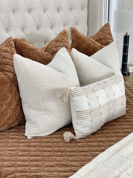 HOME \ my winter bed pillow setup! 3 velvet euro shams, 2 boucle decorative pillows (color: buttery cream) and one lumbar pillow!

Amazon
Walmart
Pottery barn
 Decor 
Bedroom 

#LTKhome #LTKSeasonal #LTKfindsunder50