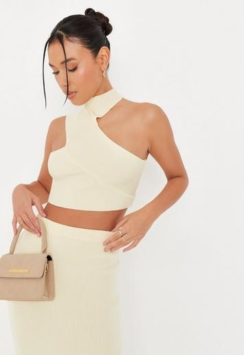 Missguided - Yellow Co Ord Rib High Neck Cut Out Knit Crop Top | Missguided (US & CA)