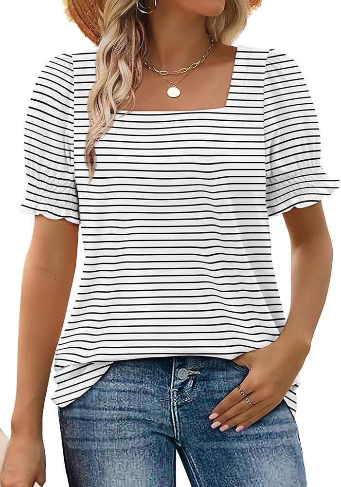 WIHOLL Tops for Women Summer Casual Ruffle Trim Sleeve Square Neck T Shirts | Amazon (US)