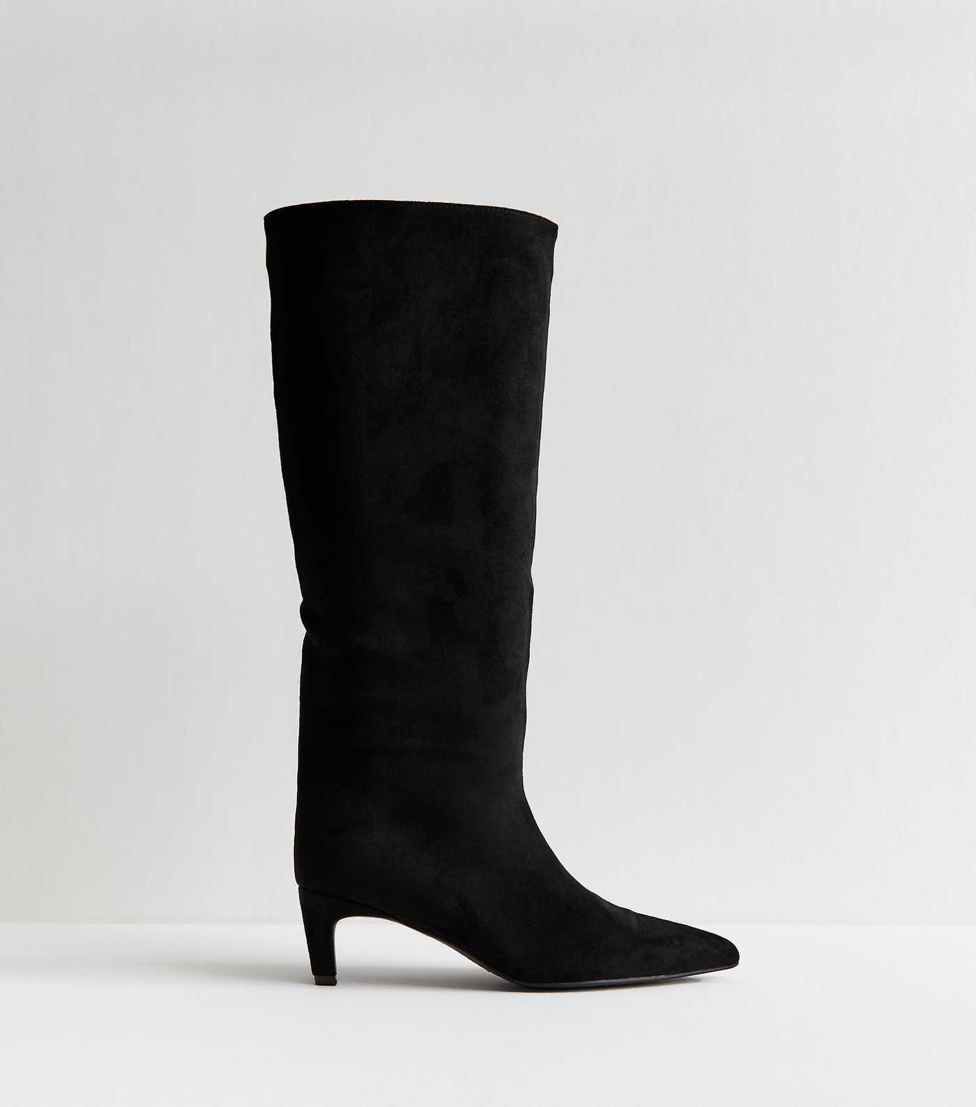 Black Faux Suede Low Stiletto Heel Knee High Boots | New Look | New Look (UK)