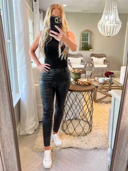 Walmart outfit with faux leather leggings, black bodysuit, and white sneakers. 
Affordable fall outfit

#LTKstyletip #LTKunder100 #LTKunder50