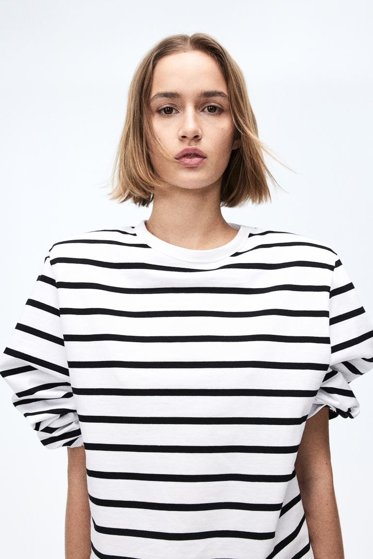 Shoulder-pad Top - Round Neck - Long sleeve - White/black striped - Ladies | H&M US | H&M (US + CA)