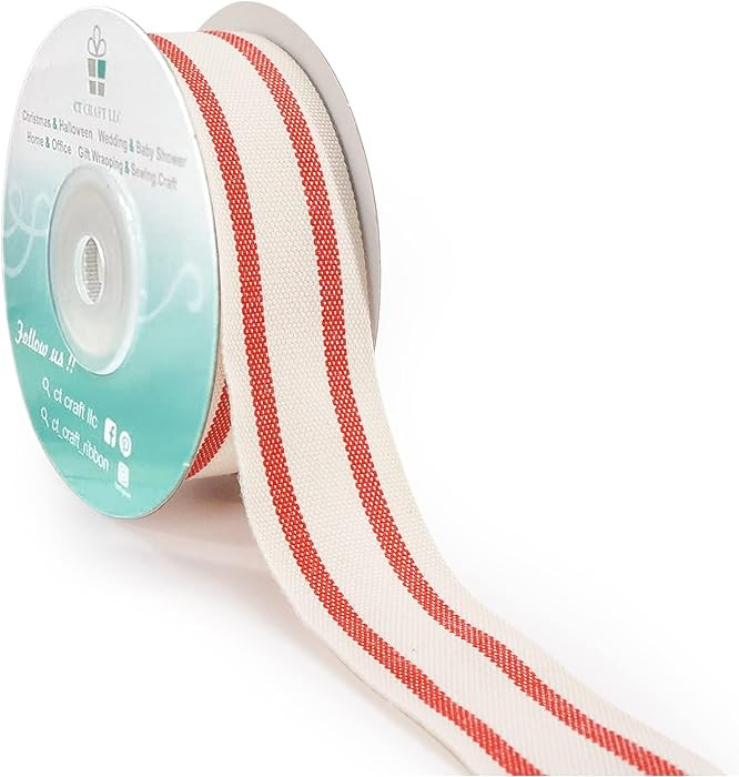 CT CRAFT LLC Ivory Cotton Red Stripes Ribbon 1" x 10 Yards for Home Décor Gift Present Wrapping ... | Amazon (US)