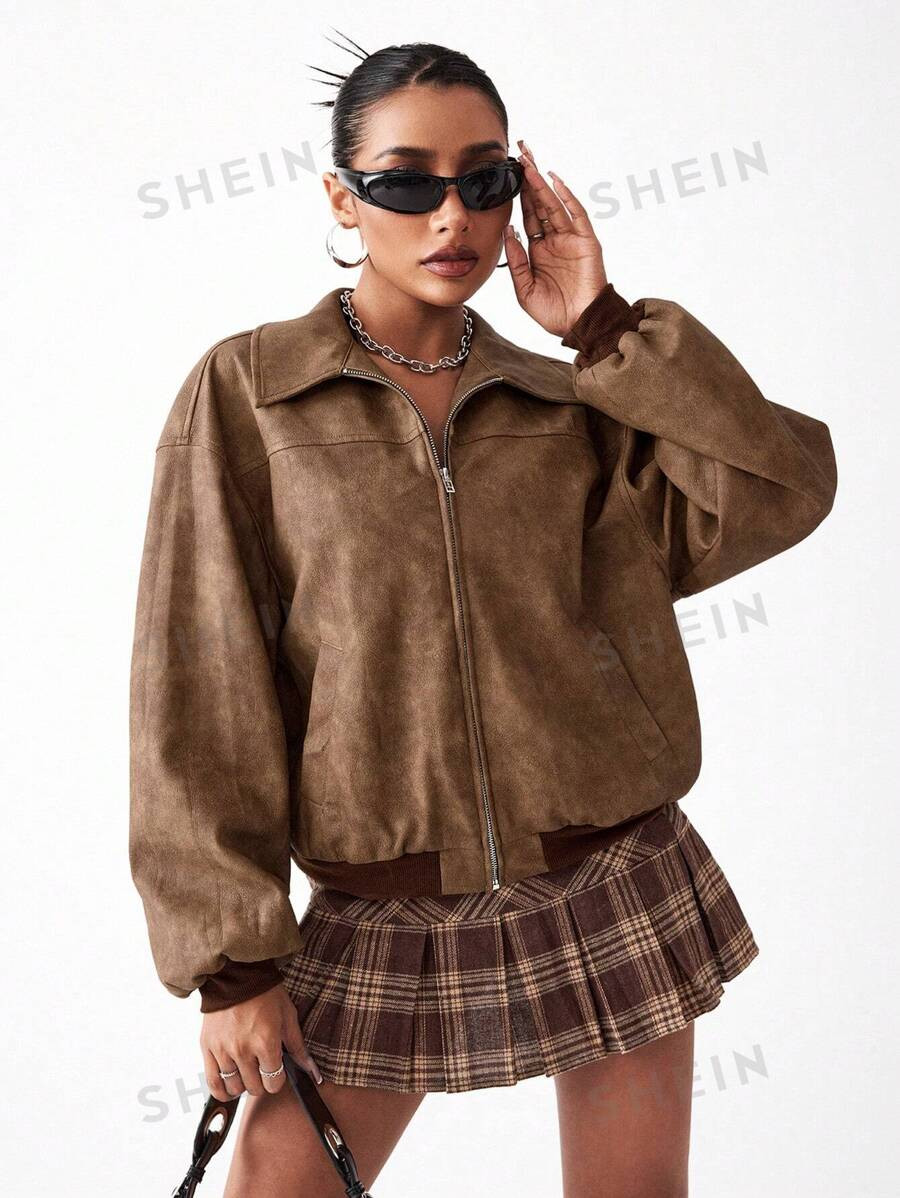 SHEIN SXY Autumn-Winter Brown Distressed Faded PU Leather Jacket | SHEIN