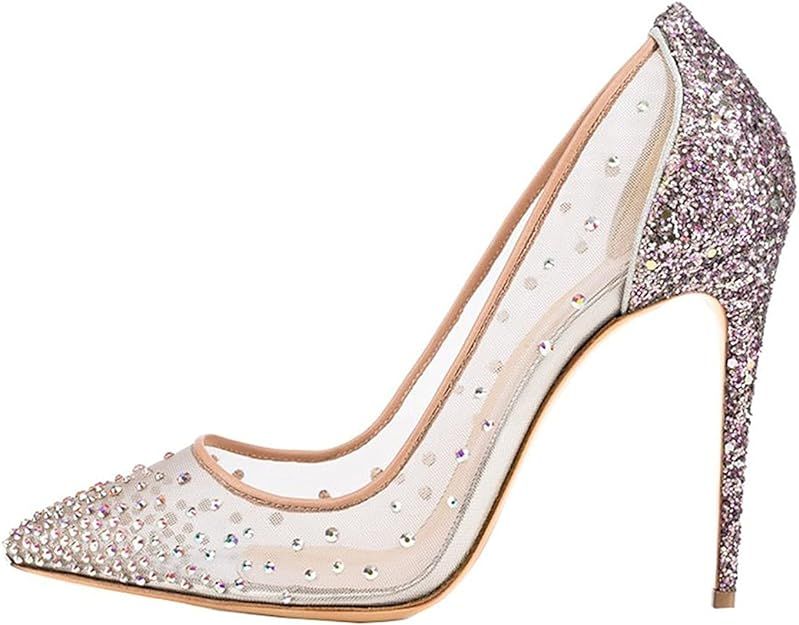 Amazon.com | Women Lace Clear Jewel Embellished Mesh Crystal Spark Strass Rhinestones Stiletto He... | Amazon (US)