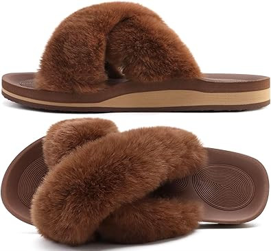 COFACE Womens Fuzzy Slides Fluff Faux Fur Cross Slippers Open Toe Yoga Mat House Slipper Sandals ... | Amazon (US)