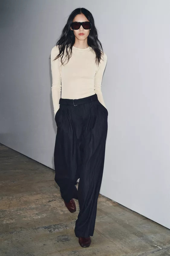 PINSTRIPE BELTED PANTS ZW COLLECTION | Zara US