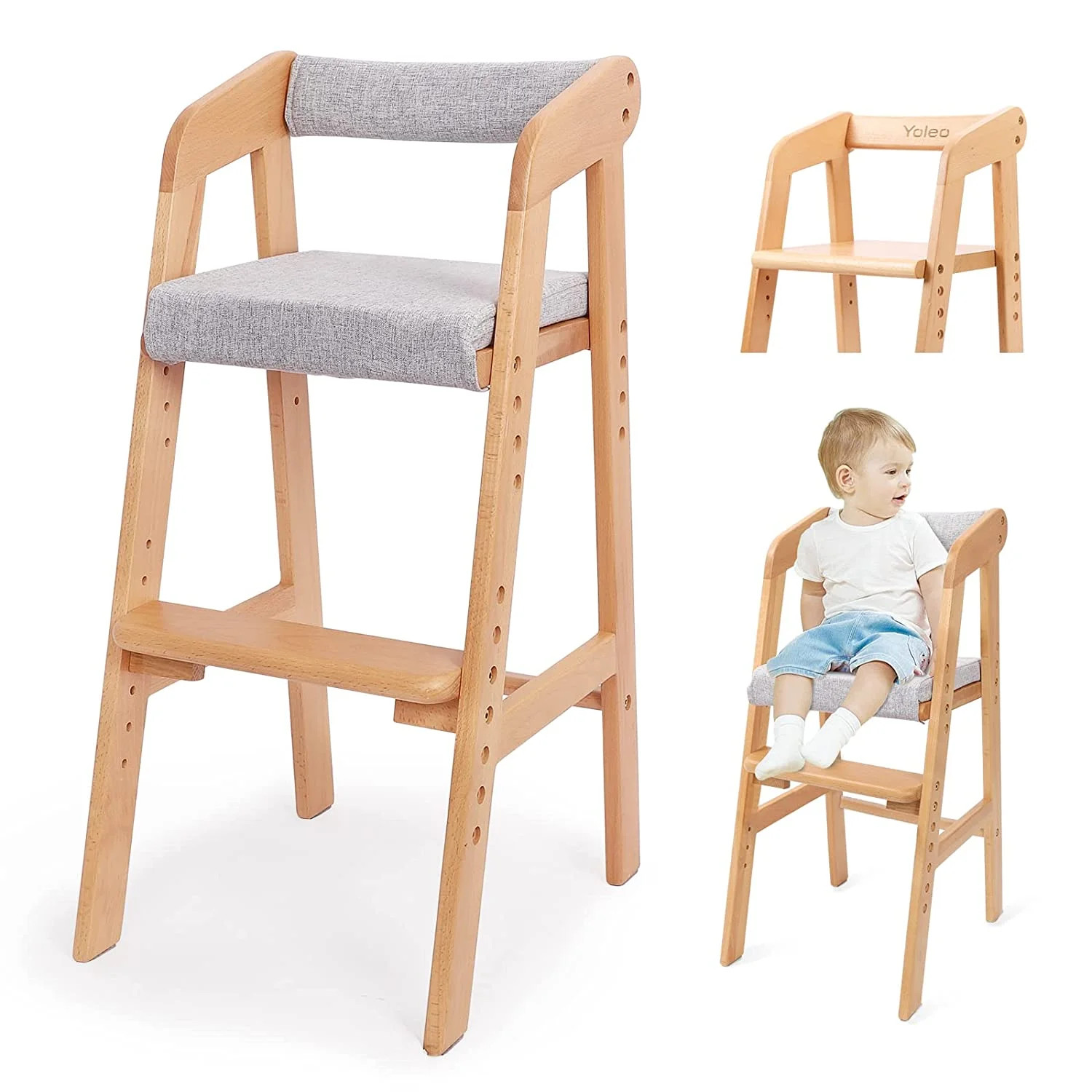Wooden High Chair for Toddlers, Adjustable Dining Feeding Chair with Removable Cushion for Child,... | Walmart (US)