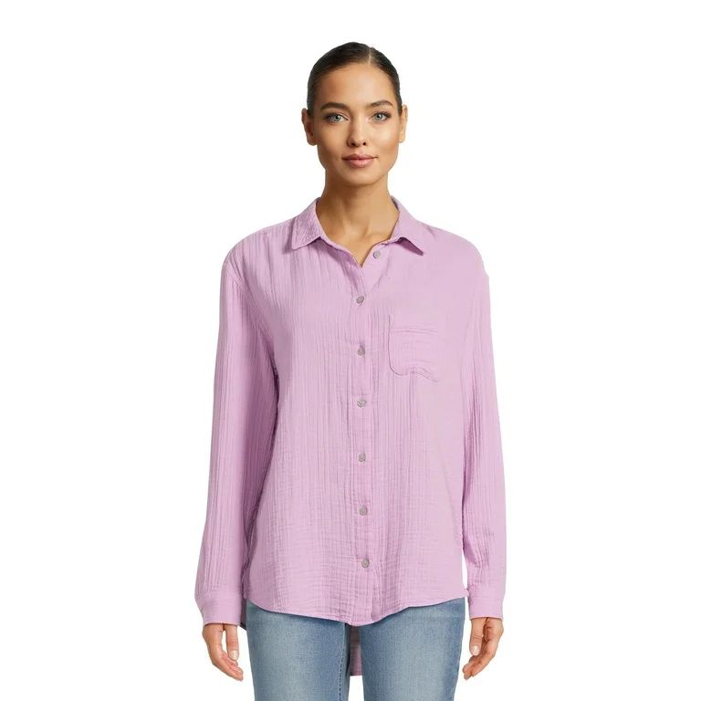 Time and Tru Women’s Double Cloth Shirt with Long Sleeves, Sizes XS-XXXL - Walmart.com | Walmart (US)