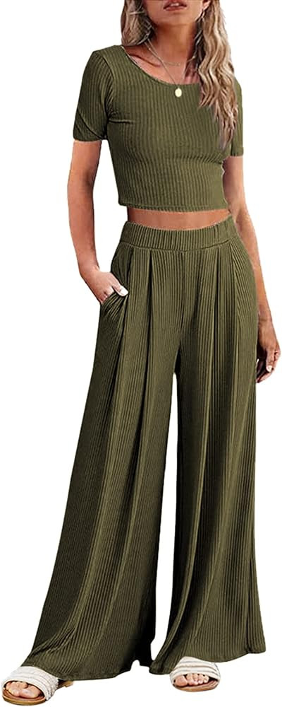 Ekouaer Women's 2 Piece Lounge Sets Ribbed Knit Crop Top Wide Leg Pants with Pockets S-XXL | Amazon (US)