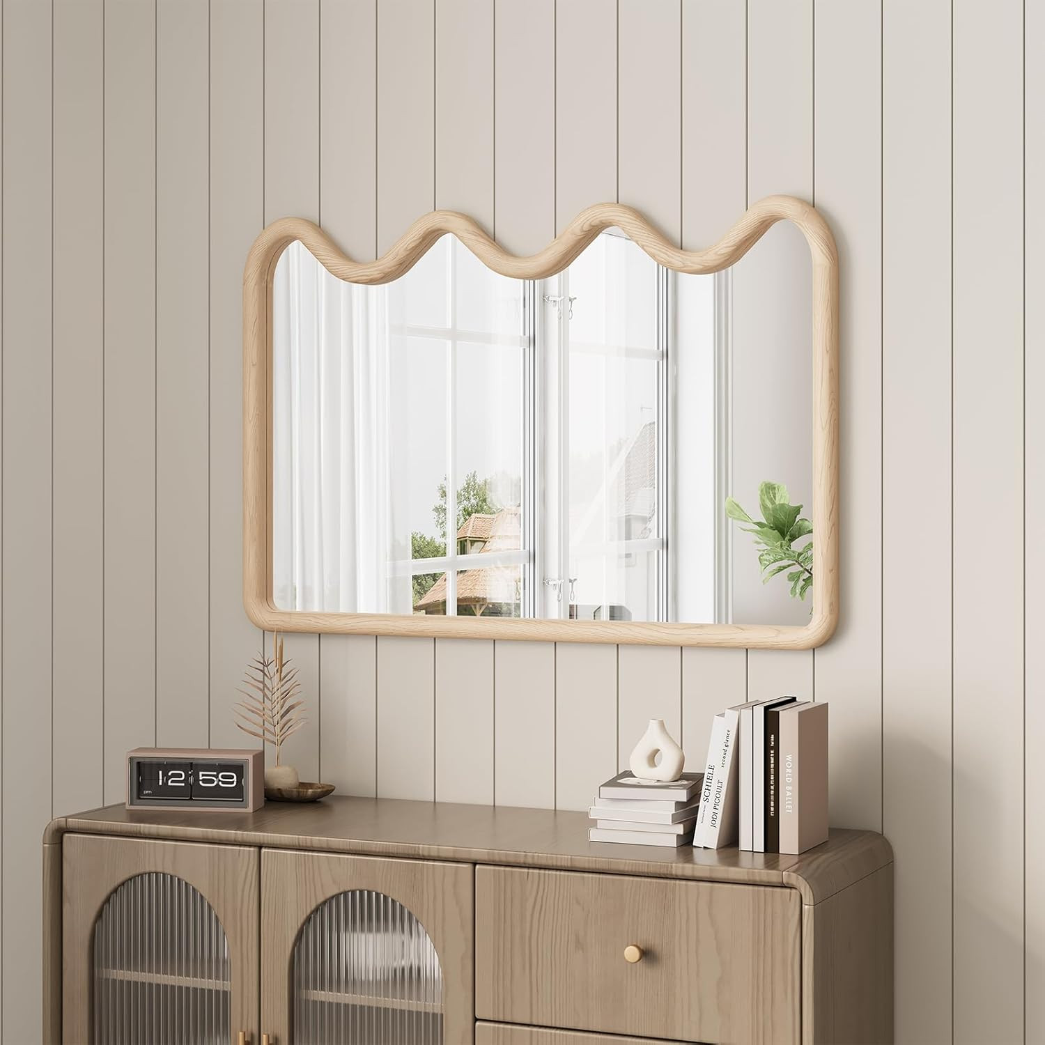 ULIKE Wavy Mirror for Wall, Rustic Wood Mirror for Bathroom Vanity, 24x36 Wooden Wall Mirrors Dec... | Amazon (US)