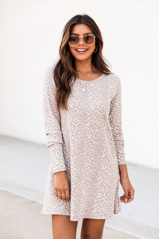 Casual Sunday Taupe Long Sleeve Animal Print T-Shirt Dress FINAL SALE | Pink Lily