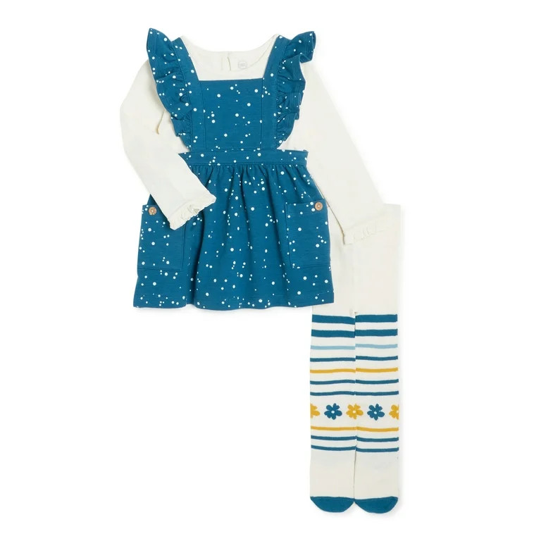 Wonder Nation Baby Girl Pinafore Dress, Long Sleeve Top & Tights Outfit Set, Sizes 0/3-24 Months | Walmart (US)