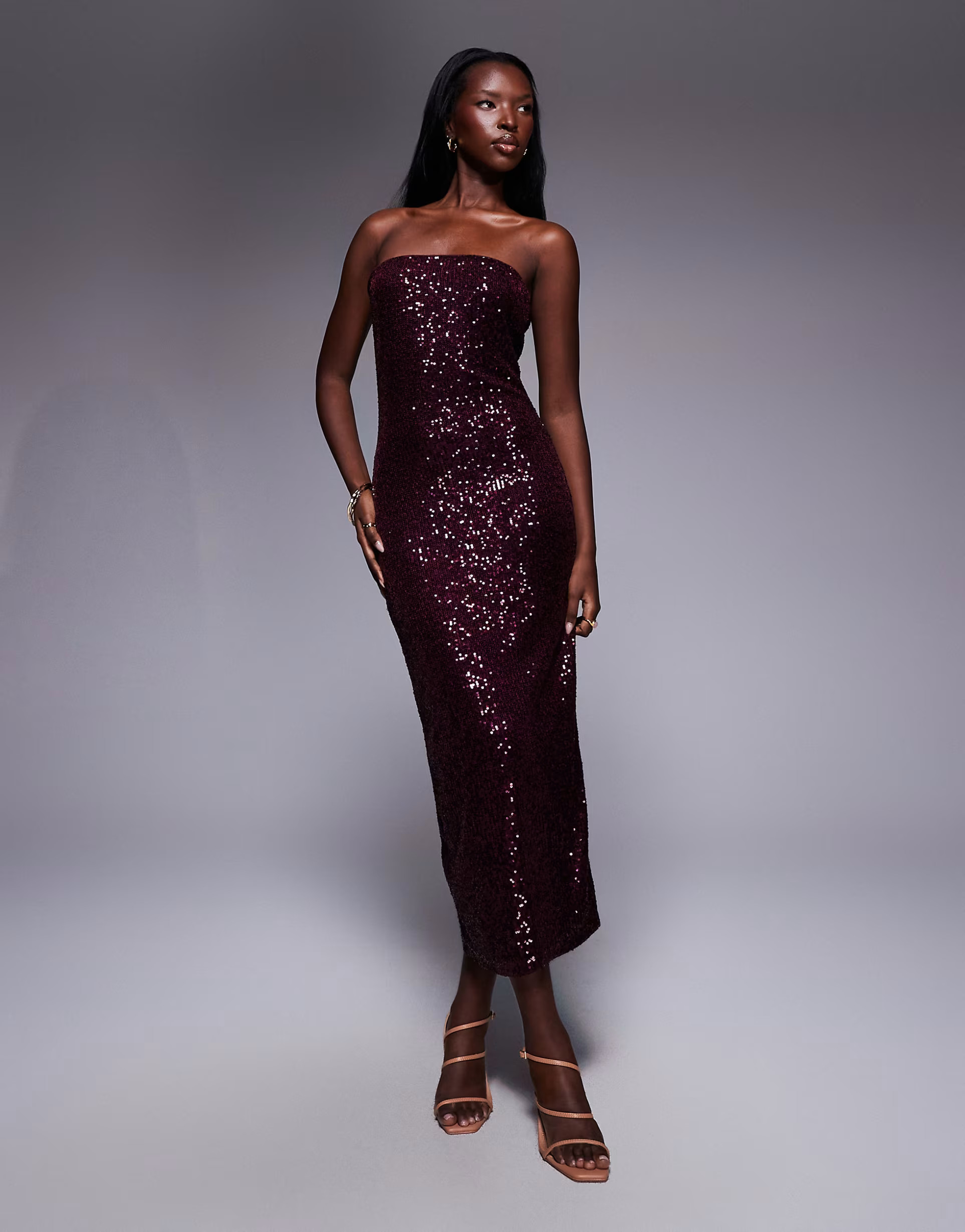 ASOS DESIGN sequin bandeau midi dress in burgundy | ASOS | ASOS (Global)