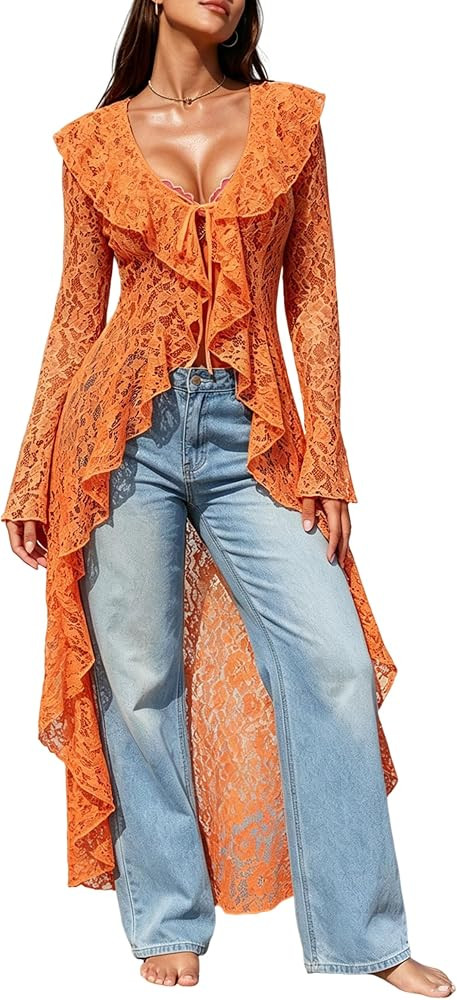 Lace Cardigan for Women Summer Floral Mesh Sheer Bell Long Sleeve Ruffled Collar Hem Tie Front Ma... | Amazon (US)
