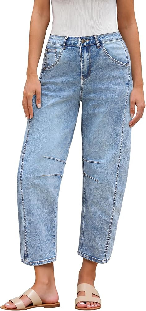 GRAPENT Barrel Jeans for Women Trendy High Waisted Wide Leg Baggy Cropped Relax Fit Stretch Denim... | Amazon (US)
