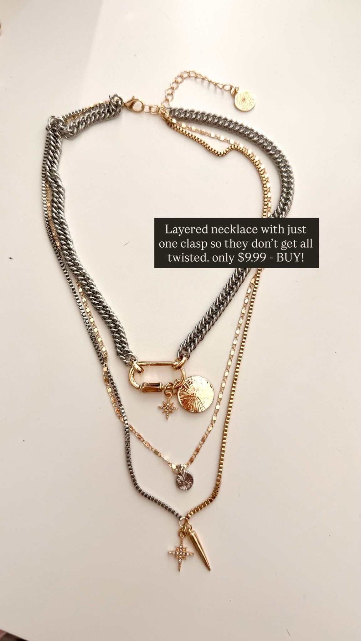 I love layering necklace but hate clasping several individual necklace clasps. Love that this has just one clasp!