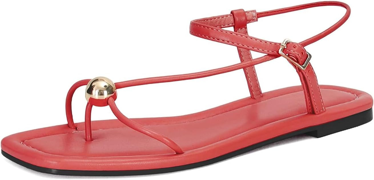 Strappy Flat Sandals for Women Comfortable Open Square Toe Sandals Dressy Beach Thong Flip Flop S... | Amazon (US)