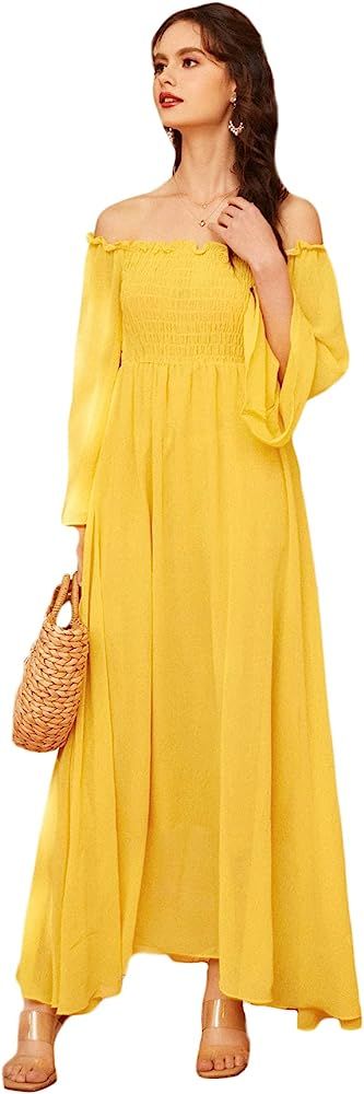 Floerns Women's Off Shoulder Bell Long Sleeve Shirred Beach Party Maxi Dress | Amazon (US)