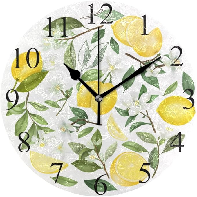 Lemon Flowers Leaves Round Wall Clock 10 Inch Tropical Style Quartz Battery Operated Lime Tree Ho... | Amazon (US)