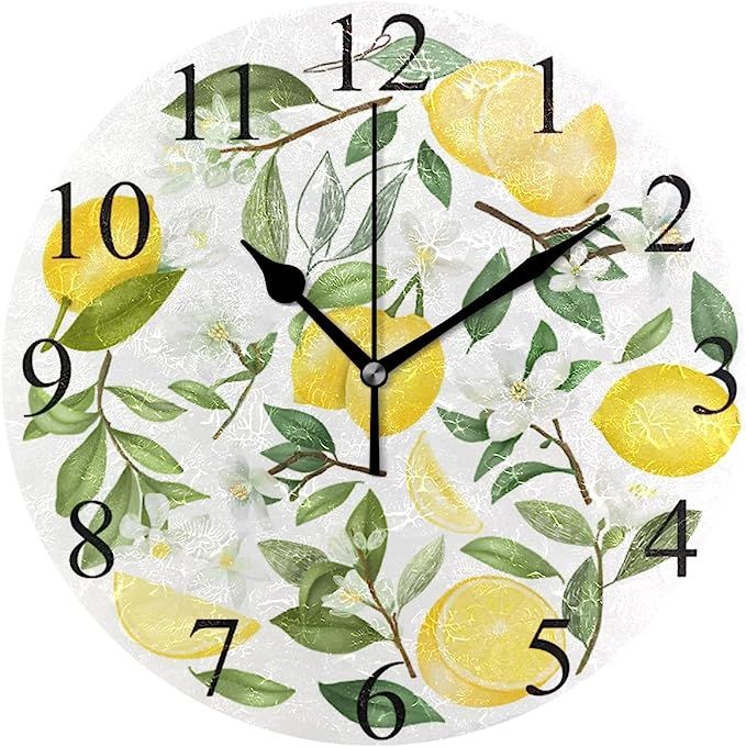 Lemon Flowers Leaves Round Wall Clock 10 Inch Tropical Style Quartz Battery Operated Lime Tree Ho... | Amazon (US)