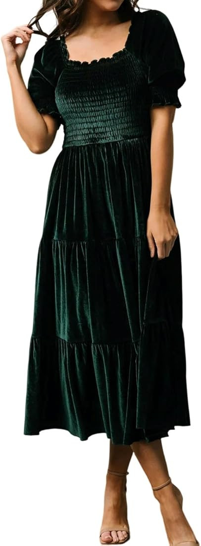 R.Vivimos Womens Fall Winter Velvet Dress Puff Sleeve Square Neck Smocked Tiered Ruffle A-Line Fl... | Amazon (US)
