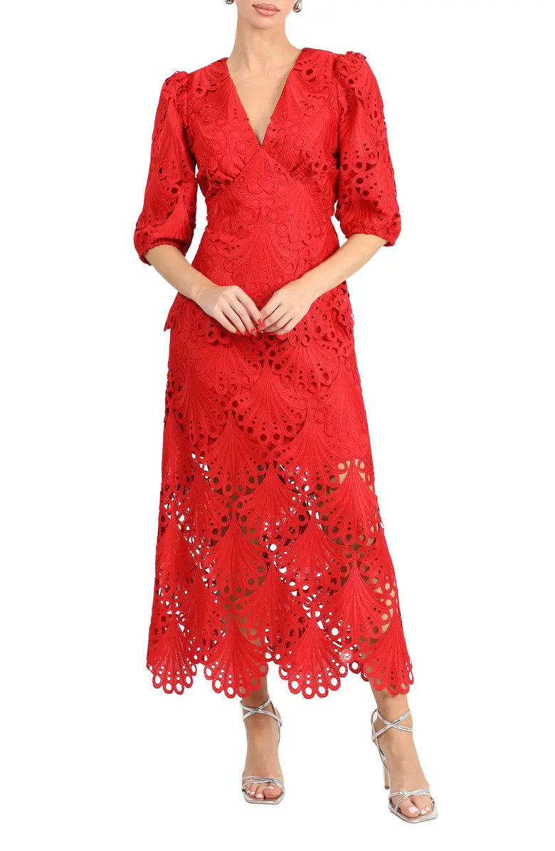 Adelyn Rae Kinsley Puff Sleeve Lace Midi Dress | Nordstrom | Nordstrom