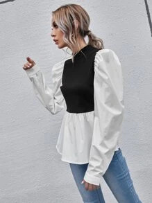 SHEIN Puff Sleeve Ruffle Hem Two Tone Top | SHEIN