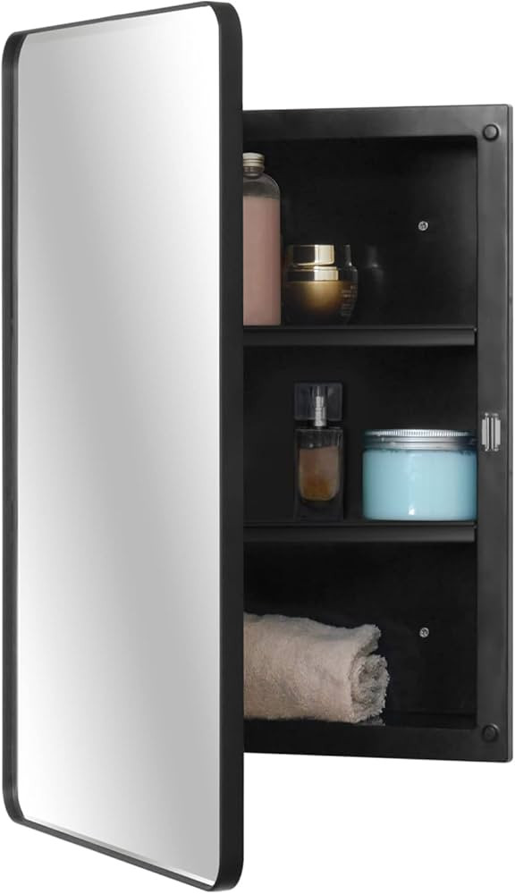 Fundin Plastic Medicine Cabinet, Beveled Edge Mirror Door with Round Corner Metal Frame, Recessed... | Amazon (US)