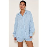 Blue Striped Linen Long Sleeve Shirt, Blue | PrettyLittleThing UK