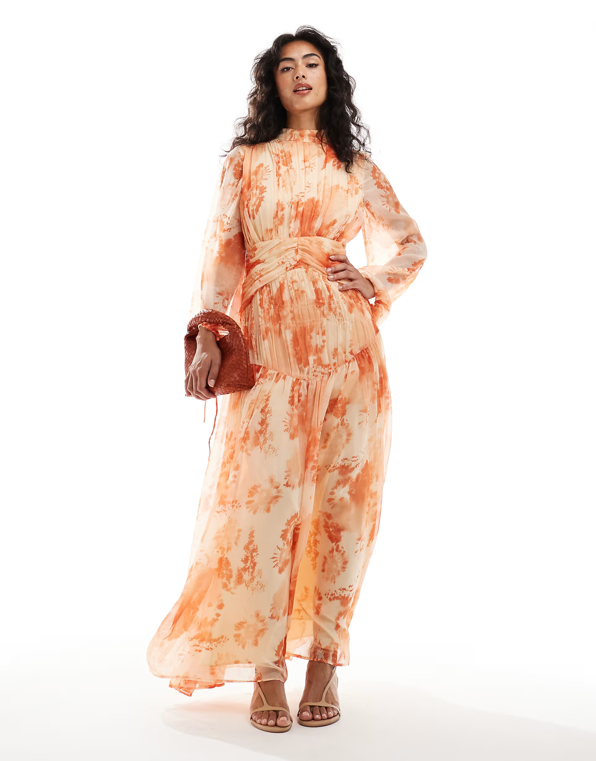 ASOS DESIGN high neck ruched chevron detail maxi dress in blurred orange print | ASOS | ASOS (Global)
