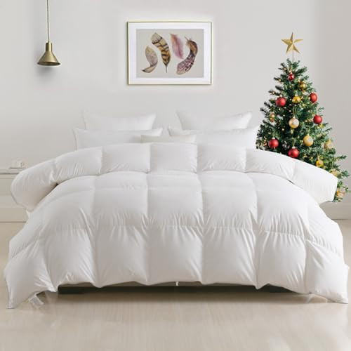 DWR Luxury Down Feather Fibers Comforter Full/Queen, Hotel-Style Fluffy Duvet Insert, Ultra-Soft Cotton Blend Fabric, High Fill Power 46oz Medium Weight for All Season(90x90, White) | Amazon (US)