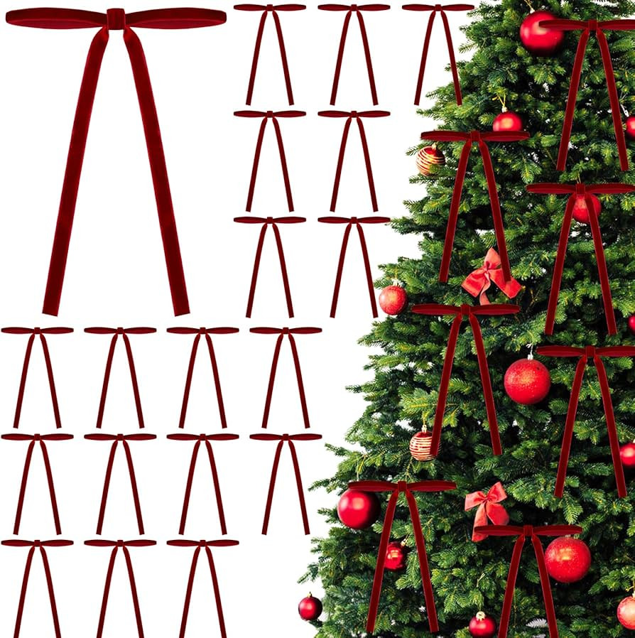 DIYDEC 24PCS Christmas Bow Ornament 5 x 7 Inch Velvet Wreath Crafts Bows Xmas Tree Ribbon Hanging... | Amazon (US)