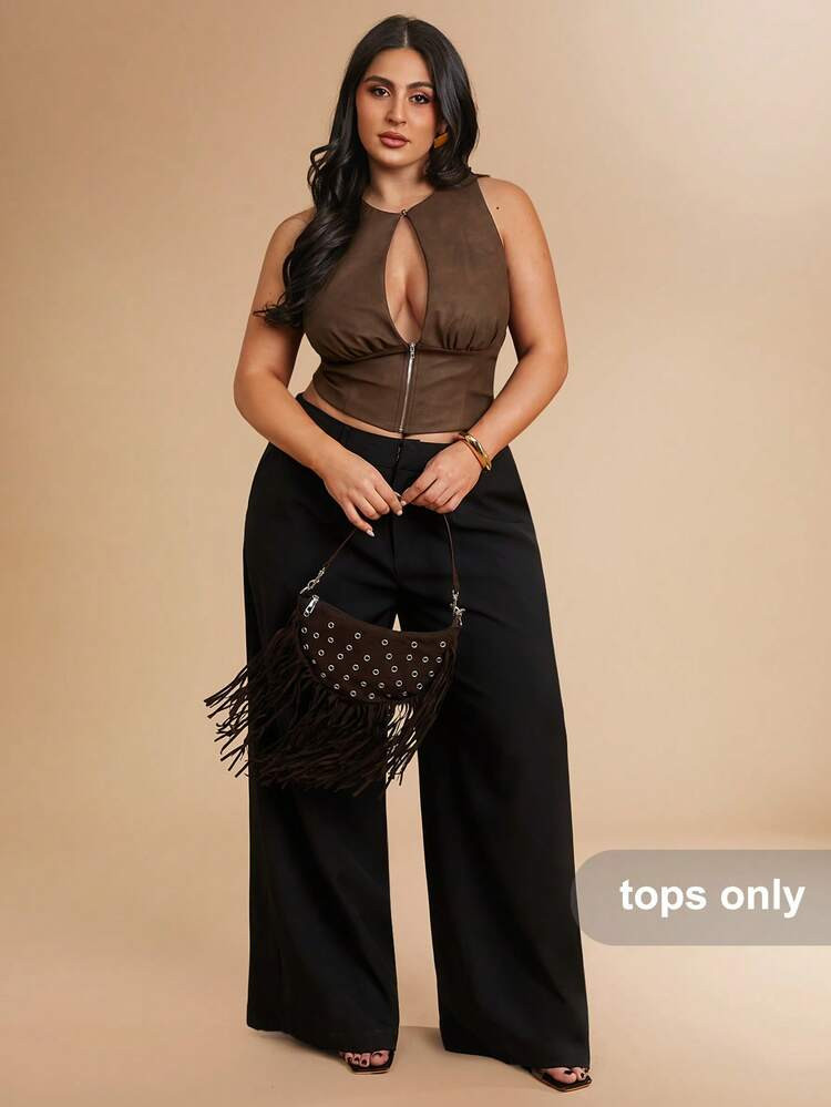 SHEIN BAE Plus Size Washed Distressed Leather Chocolate Brown Tube Top,Zipper Hollow Night Out To... | SHEIN