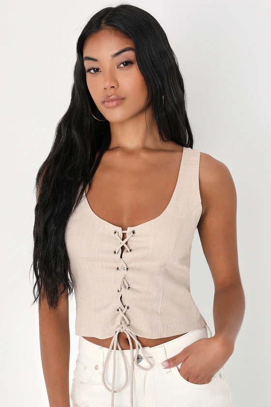 Trendy Treasure Taupe Lace-Up Cropped Corset Tank Top | Lulus