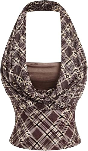 OYOANGLE Women's Plaid Y2k Halter Tank Tops | Ruched, Backless, Sexy, Slim Fit, Summer, Going Out... | Amazon (US)