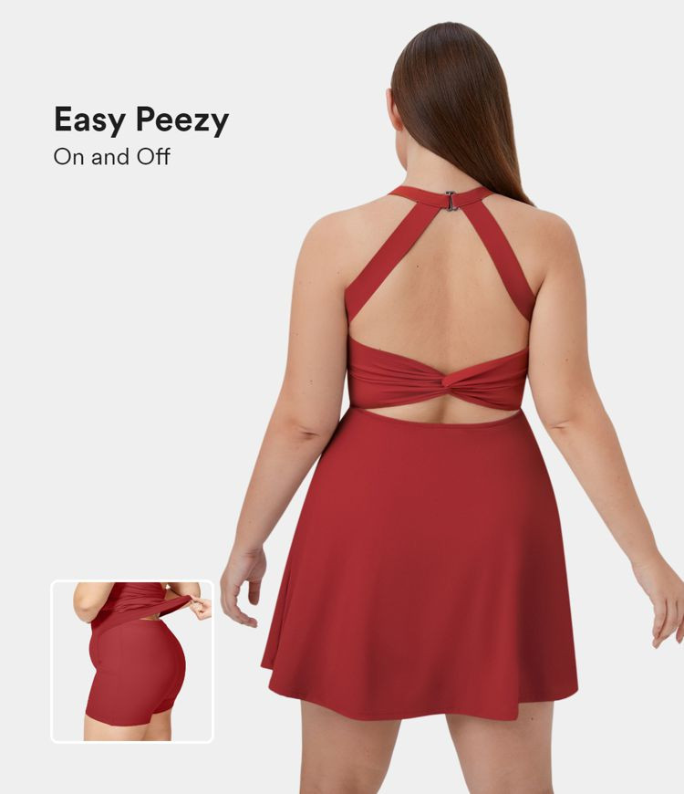 Backless Cut Out Twisted Side Pocket 2-in-1 Exercise Plus Size Dress-Easy Peezy | HALARA