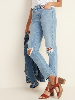 Mid-Rise Distressed Boyfriend Straight Jeans for Women | Old Navy (US)